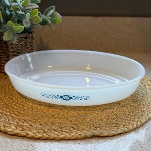 Vintage Termocrisa Milk Glass with Blue Flowers Shallow Casserole Dish